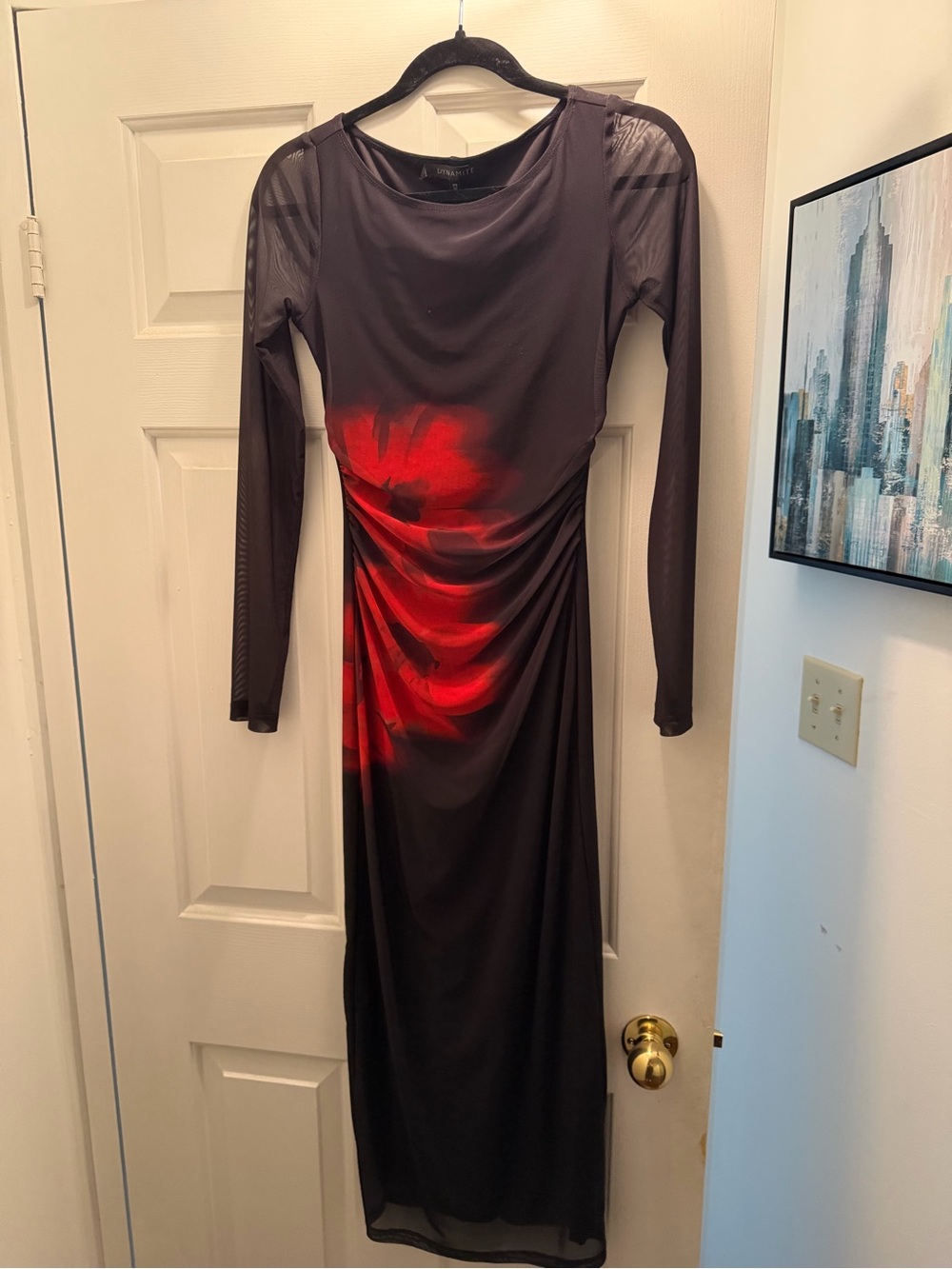 Dynamite Black Long-Sleeve Maxi Dress with Red Floral Detail